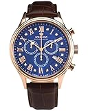 LOUIS XVI Danton 1502 - Ø 44 mm - Herren Uhr - Wasserdicht - Uhr Roségold mit Saphirglas - Armband Braun - Zifferblatt Blau Diamanten - Schweizer Quarzwerk