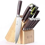 PAUDIN Messerblock Messerset, 14-teiliges Küchenmesser-Set aus hochwertigem deutschem Edelstahl mit Holzblock, Wetzstahl und Schere, scharfe Kochmesser mit Messerhalter
