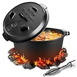 Dutch Oven, Dutch Oven 6 liter, Eingebrannter Feuertopf mit Deckelheber, Gusseiserner Feuertopf mit Doppelfunktions-Deckel, Für Outdoor and Indoor, Schwarz