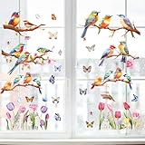 Fensterbilder Frühling Selbstklebend, 9 Blätter Frühling Sommer Fenster Kinder, PVC Fenstersticker Vögel Blumen Schmetterlinge Fensterdeko Aufkleber Fensterdekoration Frühling Fensterfolie