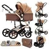 Kinderwagen 3 in 1,Kombikinderwagen mit Autositz,Doppel-Federung,Ein-Klick-Faltmechanismus für Neugeborene und Kleinkinder,Muttertasche für Babyzubehör(Khaki)
