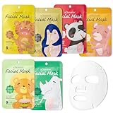 6 Stück Tuchmasken Gesicht Set mit Tier Cartoon Motiven,Gesichtsmaske Kinder, Tiermuster Tuchmasken Gesicht,Feuchtigkeitsspendende Gesichtsmaske,für Teenager Mädchen und Frauen Geschenke