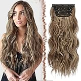 FESHFEN Clip in Extensions, 4PCS Haarverlängerungen mit Clips Synthetik Gewellte Haarextension Karamellbraun gemischt mit Aschblond Wavy Wellig Haar Extensions Clip in Haarteil für Frauen 50 cm