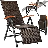 tectake® Alu Polyrattan Gartenstuhl mit Armlehnen, Campingstuhl mit 6-Fach Verstellbarer Rückenlehne, klappbar, Relaxsessel mit Liegefunktion, wetterfest, Klappstuhl mit Fußablage - braun