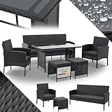 Juskys Polyrattan Gartenmöbel Sitzgruppe Turin Set 6 teilig - 7 Personen - Outdoor Möbel mit Sessel, Hocker, Tisch & Kissen - Loungemöbel Schwarz