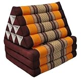 Thaiboo® Thaikissen mit 3 Auflagen, handgefertigt, Thaimatte zum Klappen, Dreieckskissen mit Klappmatratze, Keilkissen Kapok, Rücken Yogakissen Faltbar, ca.170x50x8 – Braun/Orange