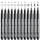AKARUED Fineliner Schwarz Stifte, 12 Stück Fineliner Set Schwarz, Wasserfest Tuschestifte zum Skizzieren, Permanent Pigment Liner zum Bullet Journal Künstler Illustration, Tchnische Zeichnung