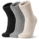 Sandsuced Merino Wolle Socken für Damen Herren Warme Thermosocken Dicke Arbeitssocken Wollsocken Atmungsaktive Geschenke Wintersocken 3 Paar (Schwarz/Grau/Beige, M)