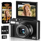 Digitalkamera 4K 64MP Kamera Fotokamera mit WLAN, 3' 180° Klappdisplay Autofokus Fotoapparat Digitalkamera, 18X Digitalzoom Kompaktkamera mit Selfie für einsteiger, mit 32GB Karte, 2 Batterien