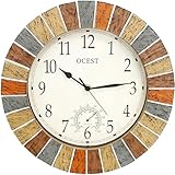 OCEST Große Wanduhr für den Innen- und Außenbereich, wasserdichte Wanduhr mit Thermometer, witterungsbeständig, Nicht tickend, batteriebetrieben, Dekor Uhr für Terrasse, Garten
