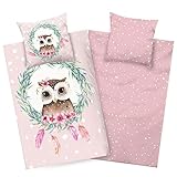 Aminata kids Bettwäsche Eule 135x200 Kinder Mädchen Baumwolle Eulen-Motiv rosa Reißverschluss Wende-Kinder-Bettwäsche-Set Teenager Vogel Tiere Tier-Motive Blumen