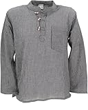 GURU SHOP Nepal Fischerhemd, Gestreiftes Goa Hippie Hemd, Yogahemd, Schwarz/grau, Baumwolle, Size:L