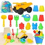 14Stück Sandspielzeug Strandspielzeug Junge mit Faltbarer Eimer Kinder Bagger Sandkasten Spielzeug, Sandförmchen Sandschaufel Kinder, Reise Sand Spielzeug mit Netztasche Set für ab Jungen Mädchen