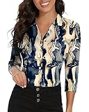 Soneven Poloshirt Damen Langarm 3/4 Arm Golf Polo Oberteil Bluse Damen Sommer Elegant Blusenshirt mit V-Ausschnitt Business Hemdbluse Casual T-Shirt Crack-Druck S