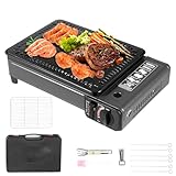Gasgrill, Tragbarer Camping Gaskocher mit Grillnetz, Backblech und Transportkoffer,Campingkocher BBQ-Grill für Outdoor-Kochen,inkl. Pinsel & Lebensmittelklammer & Rahmen & Ölwanne
