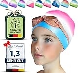 Juclise Silikon Badekappe Mädchen, Kinds und Jungen Wasserdicht für Lange und Kurze Haare UV Schutz, 1-2 Stück (Rosa Blau, 9-15)