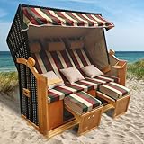 BRAST® Strandkorb Usedom 3-Sitzer XXL für 2-3 Personen | 165cm breit | 5 Designs | inkl. wetterfeste Abdeckhaube | verstellbare Rückenlehne Fußkissen | Rot/Grün/Beige - kariert