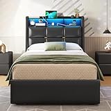 DICTAC Polsterbett 90x200 mit Bettkasten,LED Beleuchtung und Steckdosenleiste Bettgestell 90x200 mit Lattenrost Jugendbett Bettrahmen Erwachsene mit Stauraum Kopfteil und USB-Anschlüsse,Schwarz