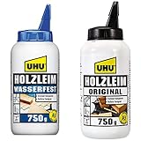 UHU Holzleim Wasserfest wood glue, 750 g & Holzleim Original Flasche, Universeller Weißleim - geeignet für alle üblichen Holzarten und -verklebungen, 750 g