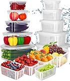 Ixydor Frischhaltedosen Obst Gemüse mit Deckel Sieb, 5 Set obst aufbewahrung Kühlschrank Organizer, gemüse aufbewahrung Stapelbare aufbewahrung kühlschrank gemüsebox 5,8 L+3,8 L+2,3 L+1,3 L+0,7 L