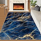 QDJKBL 140 x 200 cm Rug Golden Lightning Abstract Crack Area Rugs Navy Blue Marble Rugs für Schlafzimmer Rutschfester Teppich Feiner Flaum Kurzer Samt für Eingangstür Foyer Badezimmer