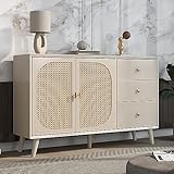 okwish Moderne Anrichte, Kommode aus Rattan auf Fuß, TV-Schrank mit 2 Türen und 3 Schubladen, Schrank mit großem Stauraum, Beige