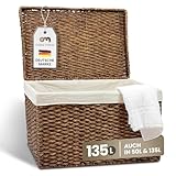 Casa Mina® Wäschetruhe mit Deckel 70 x 44 x 45cm hoch I Atmungsaktive Wäschetruhe geflochten aus 100% Naturfaser I Robuster Wäschesammler mit Griffen & waschbarem Innensack I Wäschetruhe - Bali