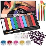 WuGU Kinderschminke Set, 55 Stück Kinderschminken mit 12 Farben Schminkpalette,8 Pinsel und 40 Schablonen, Face Paint Gesichtsfarbe Kinder für Halloween Fasching Karneval Geburtstag Urlaubs Party