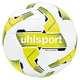 uhlsport 350 LITE SYNERGY, Junior Spiel- und Trainingsball, Fußball, für Kinder zwischen 10 und 12 Jahren, Größe 4, weiß/fluo gelb/marine