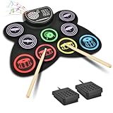 OFFCUP Elektrisches Schlagzeug, Roll Up Drum Kit mit 9 Drum Pads, Faltbares elektronisches schlagzeug mit 3.5mm Kopfhöreranschluss, Lautsprecher, Holzstäbe und Pedale mit Anfänger und Kinder