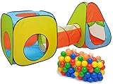 LittleTom Bällebad Tunnel – Pop-Up Kinderzelt Spielzelt mit 200 Bällen – 260x90x100 cm Ballgrube für Baby und Kinder, Indoor Spielgerät mit Tunnel