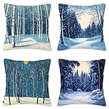Kissenbezug 50x50cm Blau 4er Set Samt Kissenbezüge Wald Sofakissen Dekokissen Kissenhülle, Weiche Quadratische Sofakissenbezug Couchkissen Zierkissen für Balkon Deko Wohnzimmer Schlafzimmer D-46