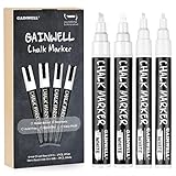 GAINWELL Weißer flüssiger Kreidemarker 3mm und 6mm Spitzen - Verwendung auf Kreidetafel, Whiteboard, Glas - 4er Pack - Wasserbasierender Stift zum Abwaschen mit Feuchttuch