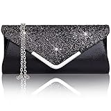 Larcenciel Damen Clutch Abendtasche Unterarmtasche Umhängetasche mit Strass-Steinen und abnehmbarer Kette in den Farben Silber Gold Altrosa(Schwarz)