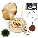 QMLING Messing-Kompass für den Außenbereich, leuchtender Navigationskompass, Multitool-Karte mit Ledertasche und Pfeife, Campingzubehör, Überlebensausrüstung für Wandern, Outdoor-Aktivitäten