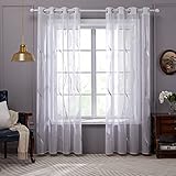 Deconovo Gardinen Weiß Vorhang Transparent Leinenoptik Ösenvorhang Voile Ösenschal Wohnzimmer, 145x140, Kurve Welle