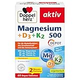 Doppelherz Magnesium 500 + D3 + K2 - Hochdosiertes Magnesium als Beitrag zur normalen Funktion der Muskeln und Nervensystems - 60 vegetarische Depot-Tabletten