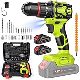 Akkuschrauber, 21V Akku Bohrschrauber mit 2 Akkus, Akkubohrer 70Nm Drehmoment, Drehmoment auf 25+3, 2 Geschwindigkeiten Einstellbar, 10mm Bohrfutter, Bürstenloser Motor, LED-Licht (Grün)