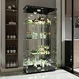 Glasvitrine Standvitrine mit LED, Schrank für Sammlung mit 2 Türen 4 Regalen transparent Möbel Vitrine Glas Vitrine Figur Glasvitrine Wohnzimmer Bar (4 Etagen, 2 Türen + LED Spiegeleffekt, schwarz)