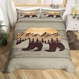 Homemissing Rustikale Bären Bettwäsche Set 220x240cm Wildtiere Jagd Bettbezug Set für Kinder Jungen Mädchen Braun Holz Plank Bettwäsche Kabine Dekor Bettbezug mit 2 Kissenbezug