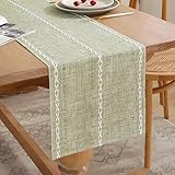 Boho Salbei Grün Tischläufer Landhausstil Waschbar Makramee Modern Frühling Tisch Läufer 33x183 cm Bauernhaus Leinenoptik Baumwolle Table Runner Dekoration für Hochzeit Party Deko