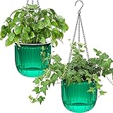 iDattel 2er Set Selbstbewässernd Blumenampel Hängeampel Blumentopf Pflanzen,16.5cm Indoor hängende Blumentöpfe mit 3Hooks Entwässerungslöcher für Innen Außen Decken Balkone Wanddekoration（Grün）