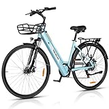 VARUN E-Bike Damen 28 Zoll mit 250W Motor, LCD Display, 6 Gang Pendler Elektrofahrrad, 36V Lithium-Batterie，E-Cityräder mit Korb vorne für den Einkaufsbummel, mit EU-Konformes