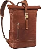 STILORD 'Harriet' Vintage Rolltop Rucksack Leder mit Laptop-Fach 15,6-17 Zoll Fahrradrucksack Kurierrucksack für Damen und Herren aus weichem Büffel-Leder, Farbe:cognac - braun
