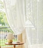 Homxi Vorhänge Voile 2er Set,2 x 132W x 115H cm,Gardinen Wohnzimmer Halbtransparent Weiß Hohle Wellen Vorhänge Set Ösen