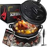 KESSER® Dutch Oven Set BBQ 4,2 Liter, Feuertopf Schmortopf mit Füßen, Gusseisen Topf mit Deckelheber Henkel und Schlitz für Themormeter, kochkessel Grilltopf Gulaschkessel für Oudoor & Indoor