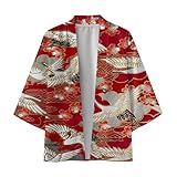 Mifeiwukawa Bademantel Morgenmantel Herren Japanische Kimono Robe Jacke Dreiviertel Ärmel mit Lose Yin Yang und Drachen Druck Unisex Lose Bluse Sommer Top, rot, M