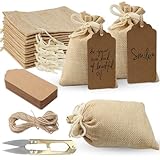 32 Stück Jutesäckchen 9.5x13.5cm, Säckchen zum Befüllen, Jute Säckchen mit Kordelzug, Kleine Jutesäckchen, Geschenksäckchen mit DIY-karten, Leinensäckchen für Schmuck Handwe