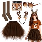 Oerphh 6 Stück Rentier Kostüm Damen Damenkostüm Tierkostüm Erwachsene Reh Geweih Haarreifen Ohren Tutu Rock Socken Face Tattoo Leopard Print Brille für Weihnachten Fasching Karneval Mottoparty