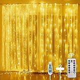 Aomig Lichtervorhang 3x3m, 300 LEDs Lichtervorhang mit10 Haken&Fernbedienung, Lichterketten Vorhang Innen USB, 8Modi, IP65 Wasserdicht, für Weihnachten, Hochzeit, Party deko - Warmweiß